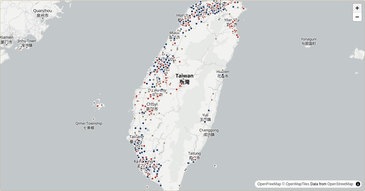 全台失物招領地圖，藍點準到門牌、紅點到路段、灰點到行政區